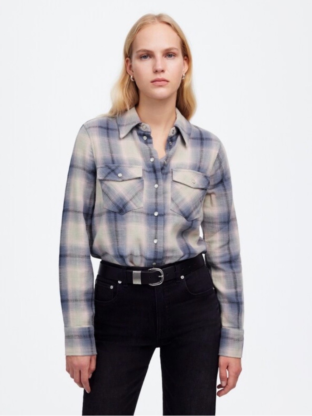 Madewell Flannel Snap-Front Shirt in Plaid Ashen Blue 8